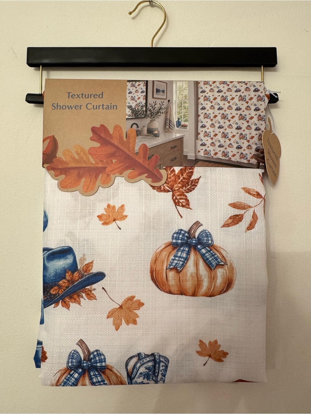 Textured Fall Pumpkin & Cowboy Boots Shower Curtain - White & Orange
